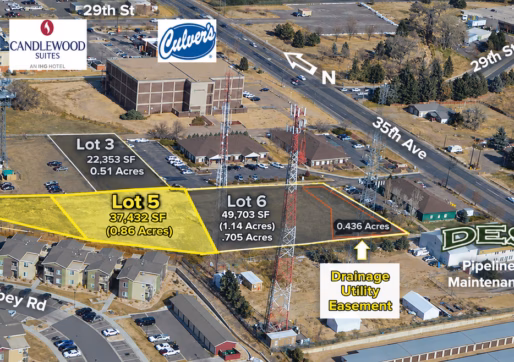 Aerial view of a commercial development area in Greeley featuring a vacant lot for sale, with highlighted plots and overlays identifying surrounding businesses like The Home Depot, Candlewood Suites, Culver’s, and Greeley Mall.