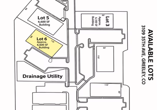 Site map of vacant lots for sale at 3109 35th Avenue in Greeley, Colorado, with Lot 6 highlighted in yellow.