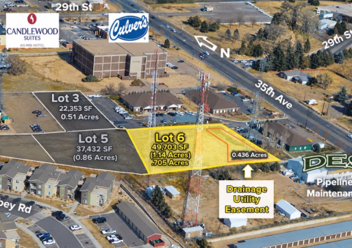 For Sale-3109 35th Ave, Lot 6, Greeley, CO - Aerial view of vacant lots for sale featuring square footage, acreage, and a utility easement, surrounded by nearby businesses including The Home Depot, Candlewood Suites, and Culver’s.