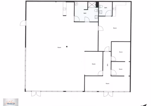 Retail For Lease-Black and white floor plan with multiple labeled rooms, two bathrooms, and various doors. The rooms are arranged around a central open area, making it ideal for businesses seeking Retail For Lease opportunities. No furniture is shown. The lower left has a logo that reads “Wheeler Properties, Inc.”
