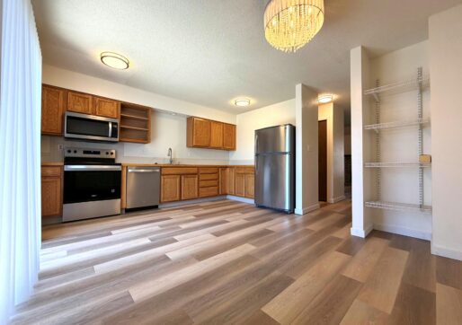 For Lease-919 44th Ave Ct, Unit D, Greeley, CO. Modern kitchen with stainless steel appliances, wooden cabinets, light wood flooring, open shelving, and a chandelier. Sliding glass doors provide natural light. Walls are white, creating a bright, spacious feel.