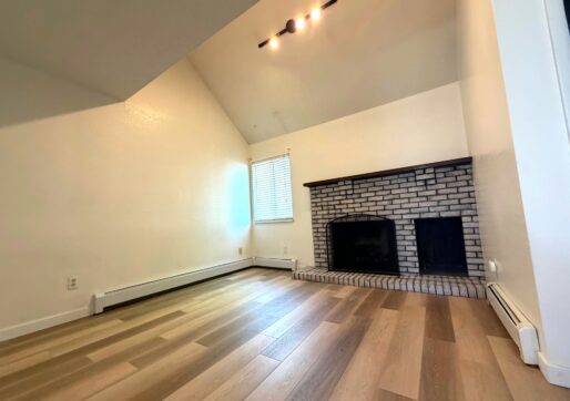 For Lease-919 44th Ave Ct, Unit D, Greeley, CO. A bright, empty living room with light wood floors, white walls, a high vaulted ceiling, a window with blinds, and a brick fireplace with two black metal covers. Ceiling track lighting is turned on.