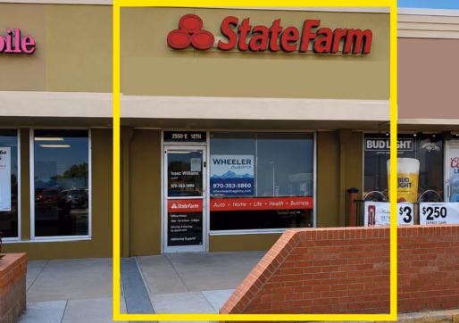 For Lease-2513 11th Ave, Greeley, CO 80631-A retail/office storefront in a shopping center with large windows, visible signs, and neighboring businesses including a phone store. There is an outline around the storefront marking the space that is available.