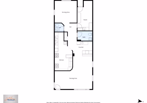 For Sale-226 Oak Ave, Eaton, CO - Black and white floor plan featuring two serving areas, a kitchen, hall, room, bath, and counter. The entrance is near the lower left, and there are labeled rooms and counters throughout the layout.